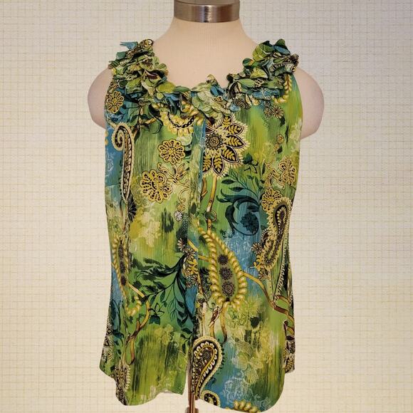 Inois Y2K Ruffle Neck Paisley Sleeveless Blouse Green Size Small - Picture 1 of 8